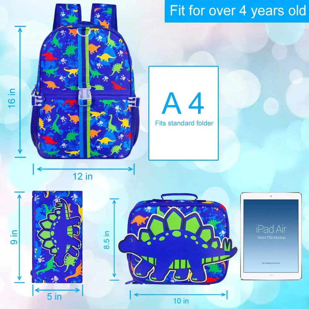3 Piece Dinosaur Backpack Set For Boys 16 Bookbag With Lunch Box Elementary School