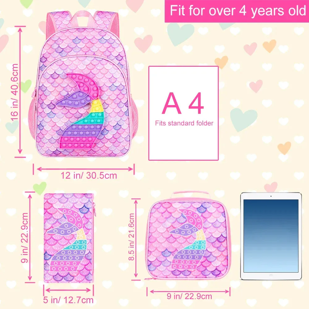 3 Piece Mermaid Backpack Set For Girls 16 Inch Little Kid Size With Lunch Box