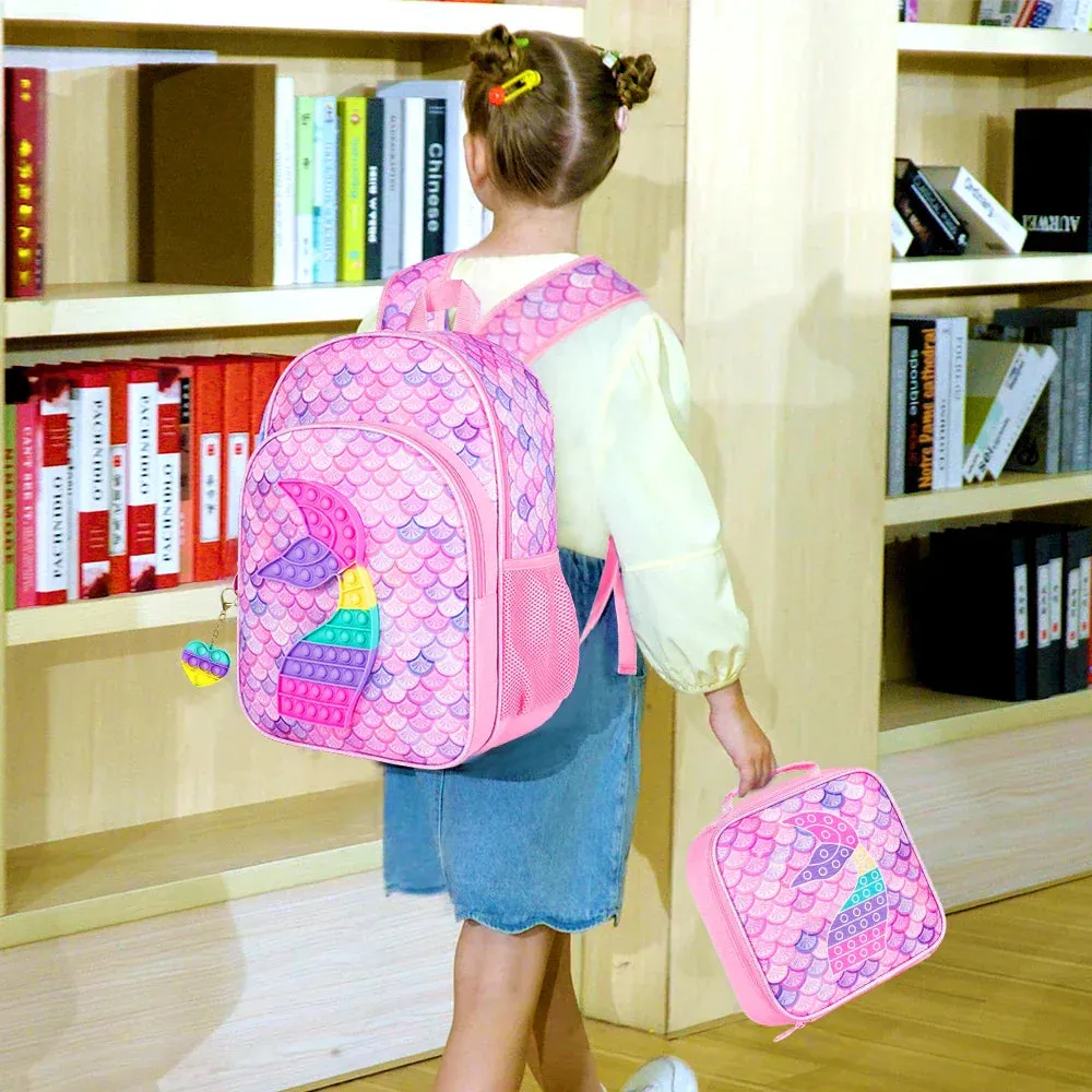 3 Piece Mermaid Backpack Set For Girls 16 Inch Little Kid Size With Lunch Box