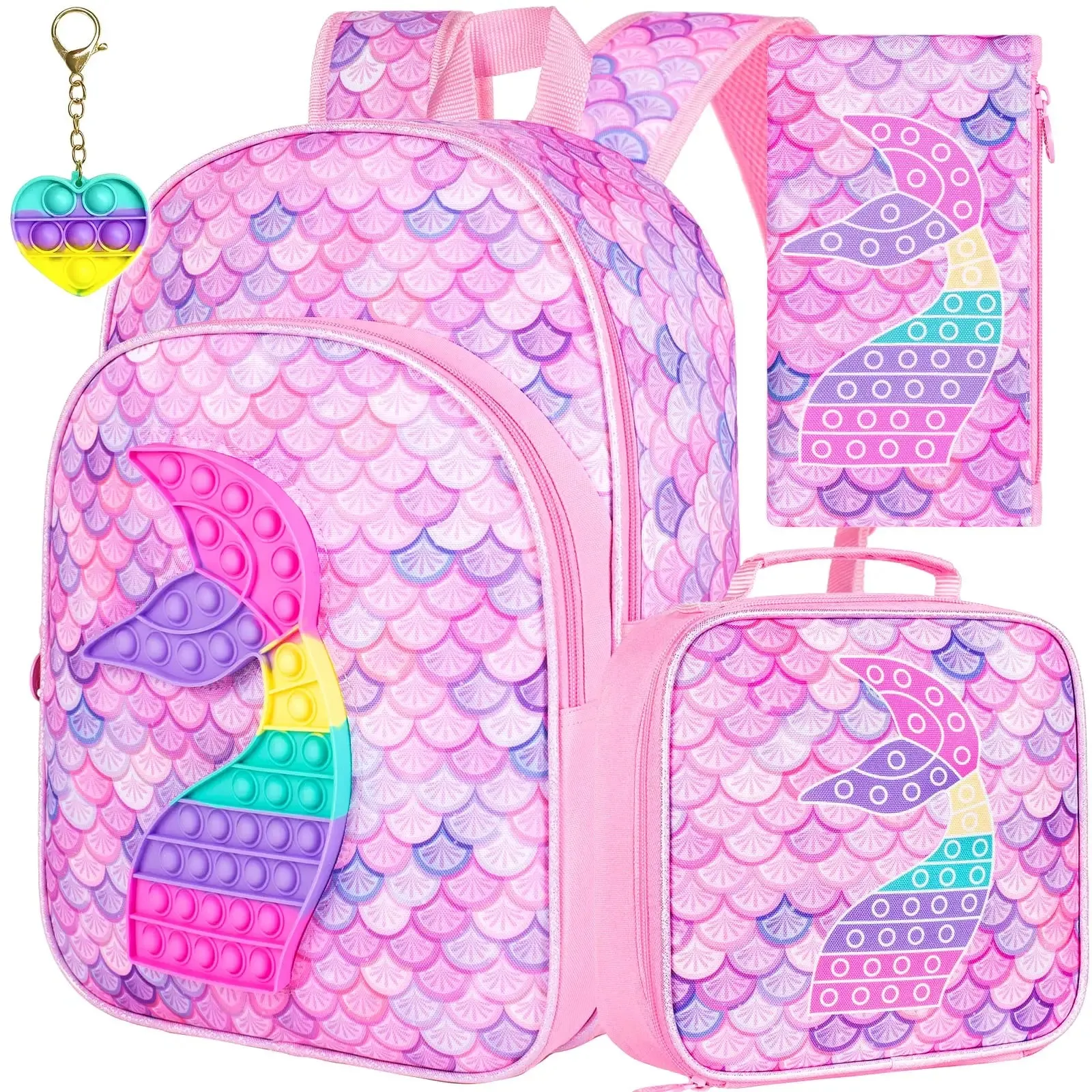 3 Piece Mermaid Backpack Set For Girls 16 Inch Little Kid Size With Lunch Box