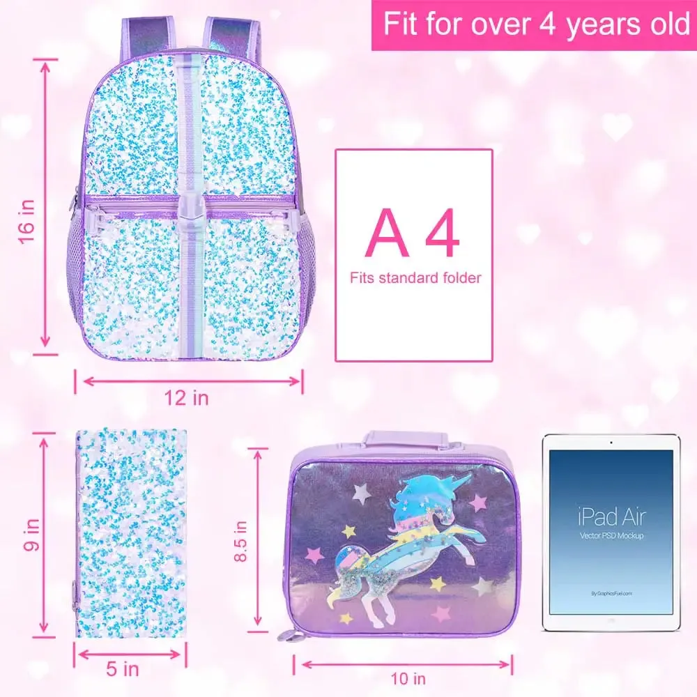 3 Piece Unicorn Backpack Set 16 Sequin Bookbag Lunch Box For Girls