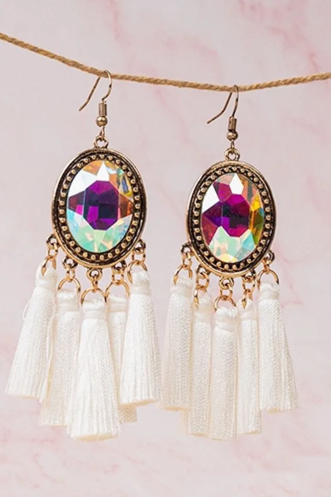 Emma Large AB Rhinestone Encased In Gold With White Mini-Tassels
