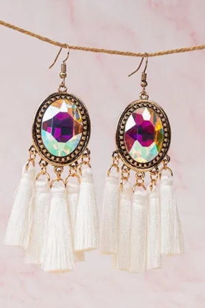 Emma Large AB Rhinestone Encased In Gold With White Mini-Tassels