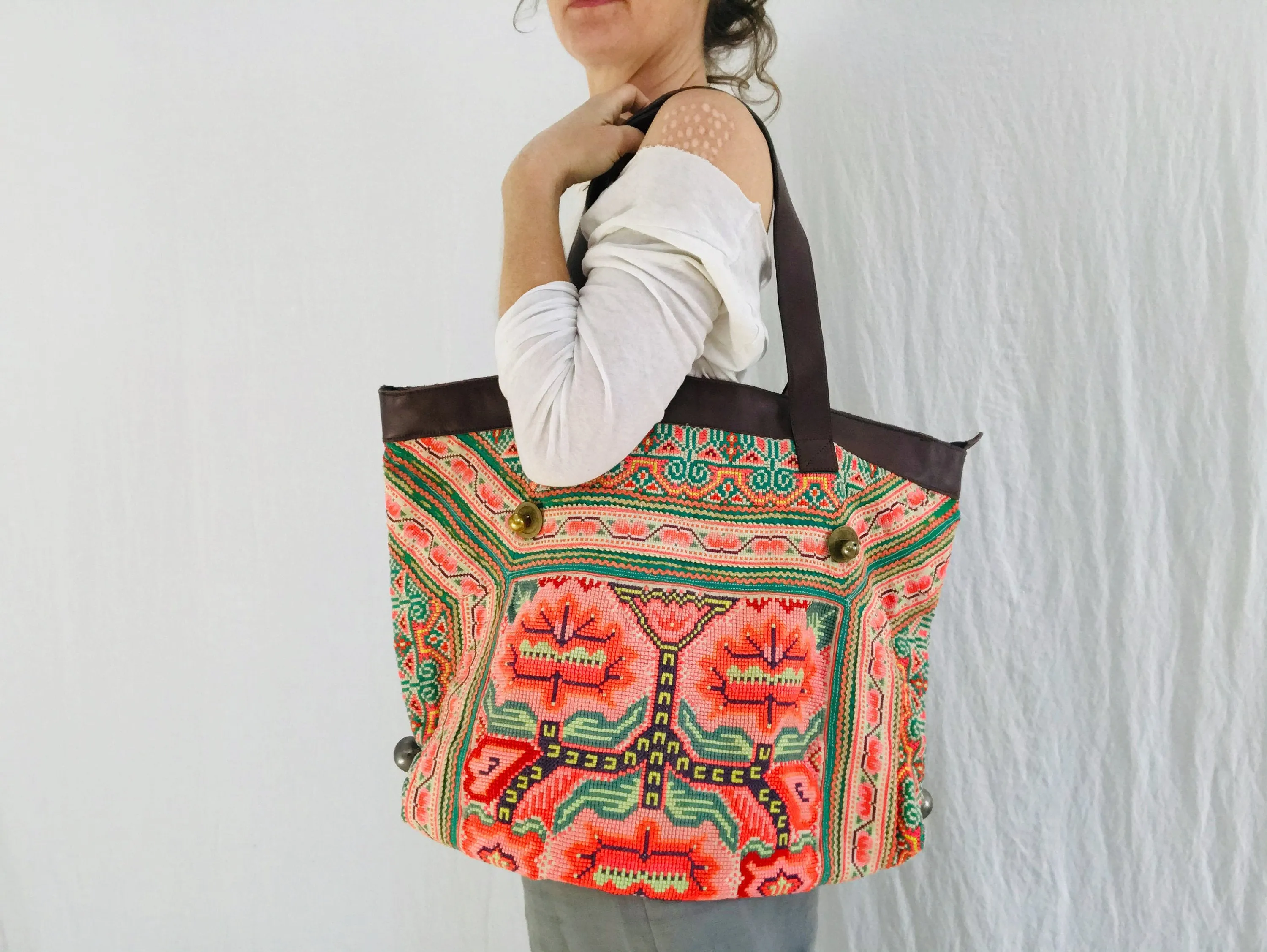 Large Vintage Hmong Embroidered Applique Bag from Thailand