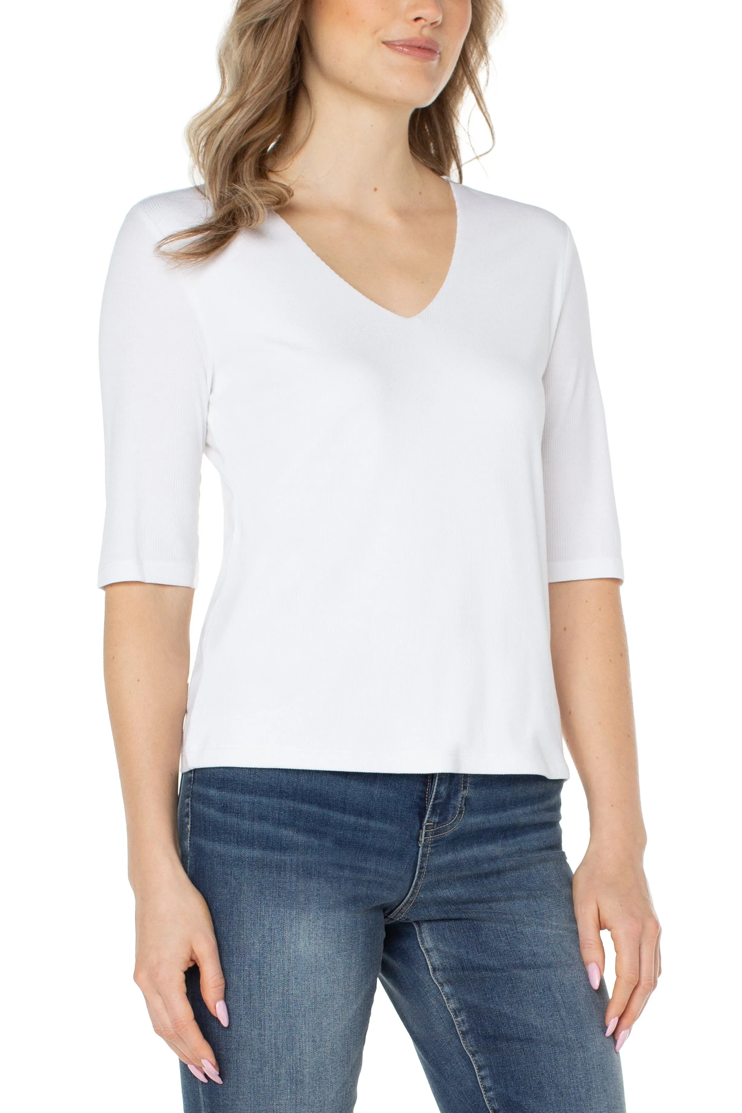 Liverpool Double Layer V Neck Half Sleeve Rib Knit Top In Cream