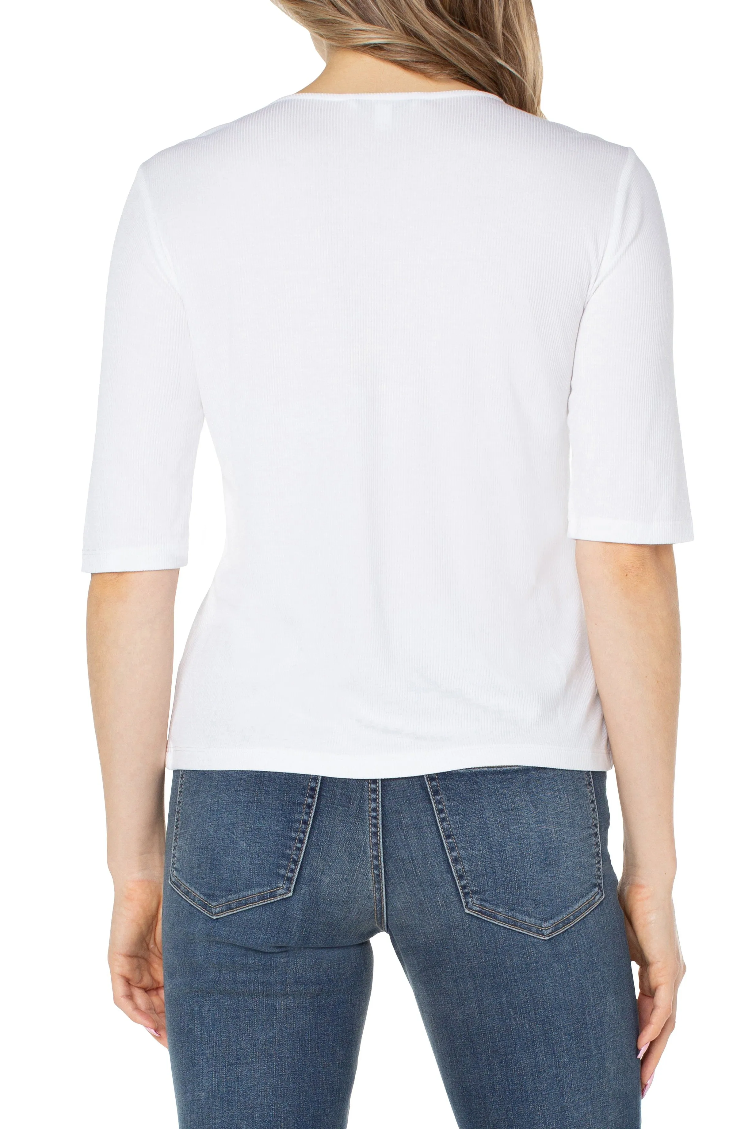Liverpool Double Layer V Neck Half Sleeve Rib Knit Top In Cream