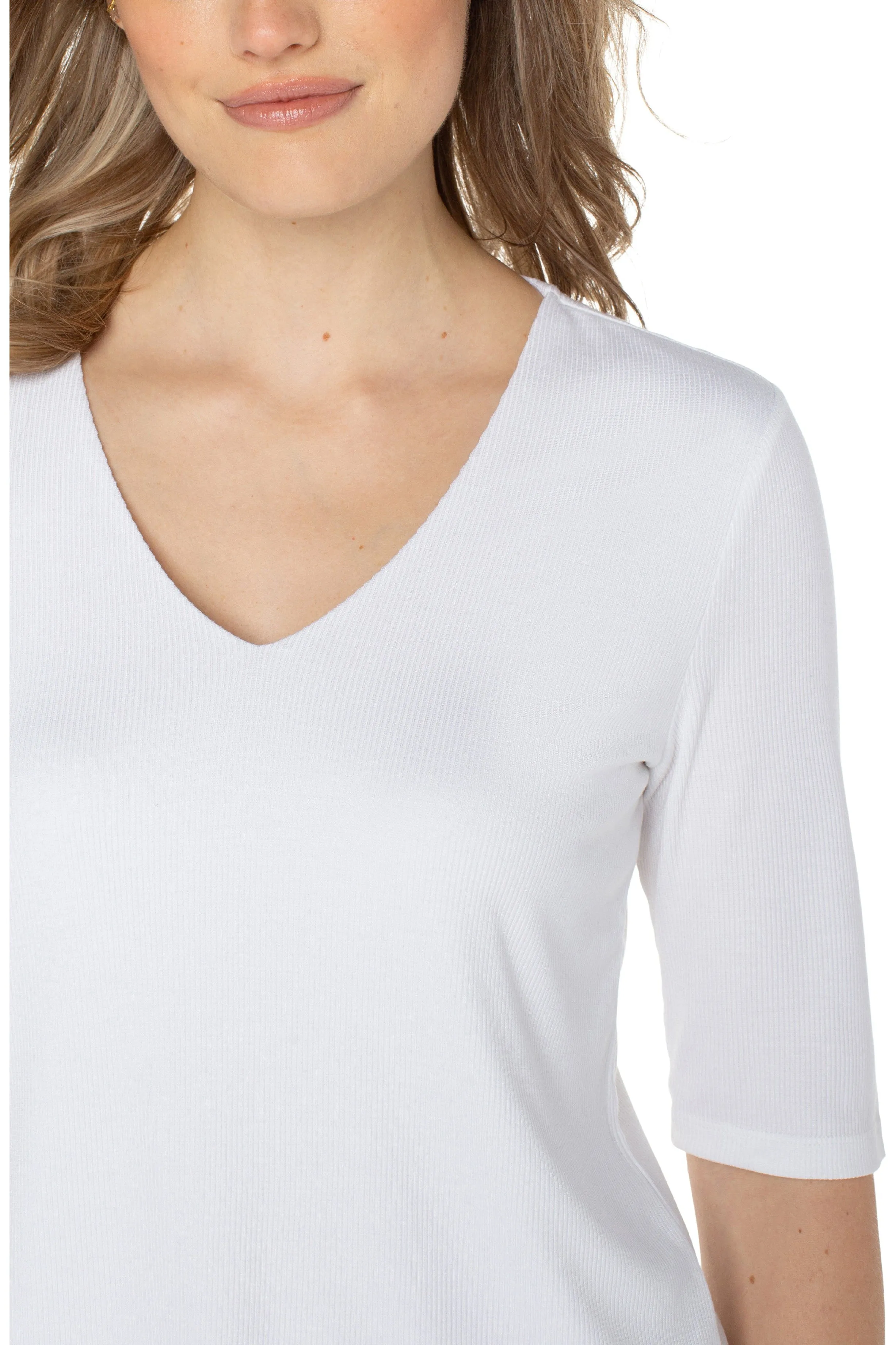 Liverpool Double Layer V Neck Half Sleeve Rib Knit Top In Cream